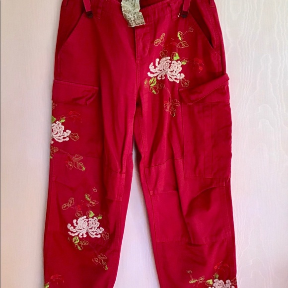 Cherry Red EmbroideredCargo Pants - Picture 2 of 8